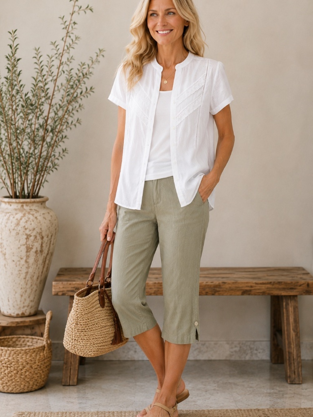 Saint Tropez West White 100% Linen Lace Trim Button Front Blouse Size L